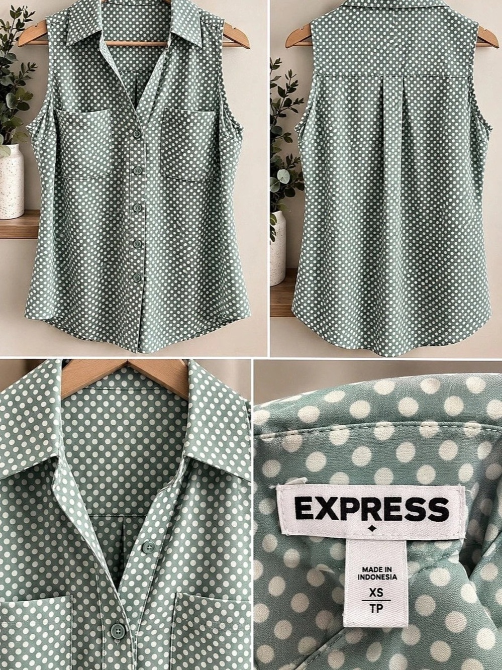 Express Polka Dot Sleeveless Blouse in Green & White Size XS